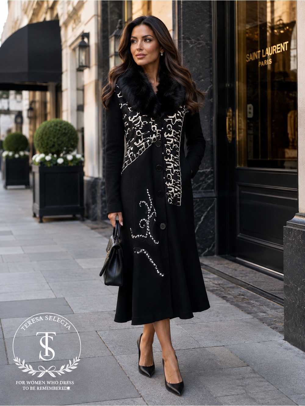Sioni Studio L Black White Faux Fur Collar Long Cardigan Coatigan Boho Artsy